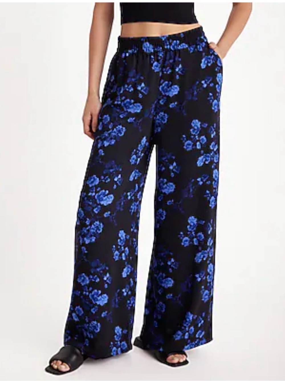 Express Black Wide-Leg Pants with Blue Floral Print